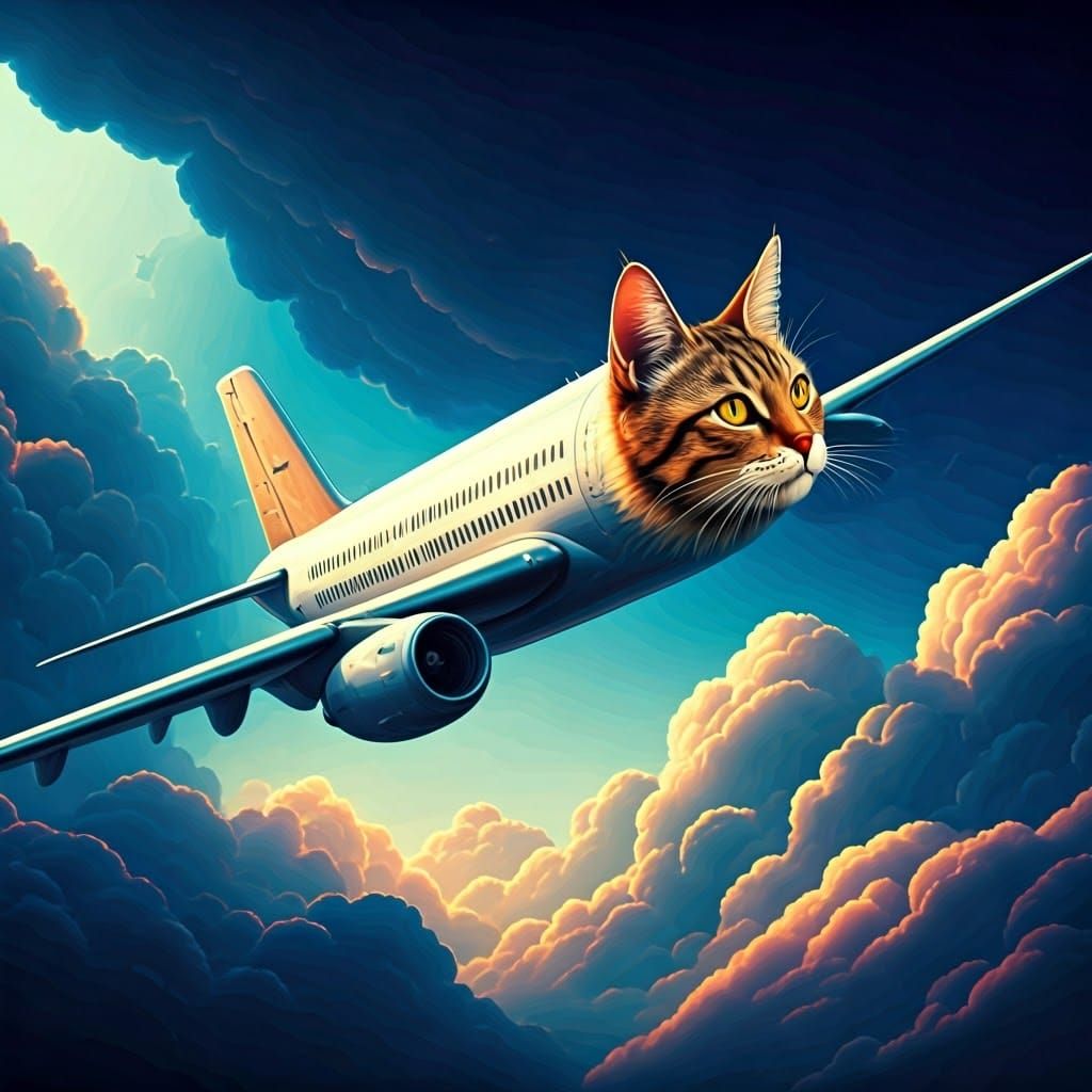 Regal Feline Airplane Soars Through Vibrant Ethereal Skies