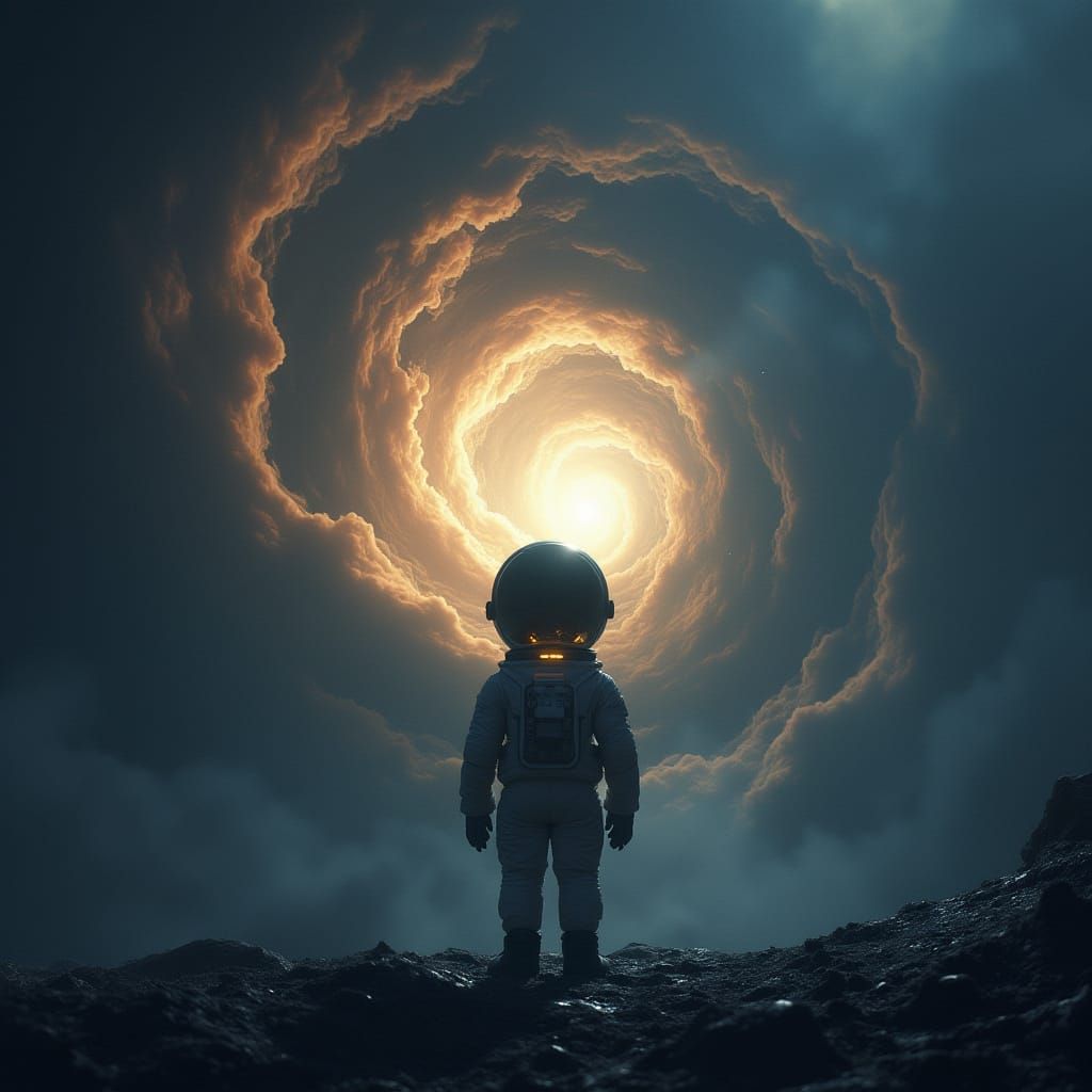 Astronaut Adrift Gazing at Golden Indigo Nebula