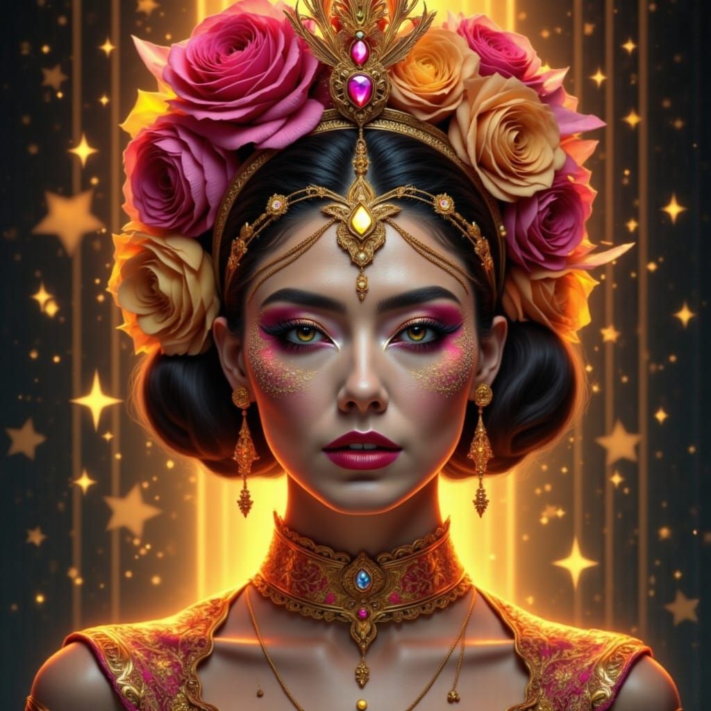 Rose-Adorned Woman Portrait in Opulent Digital Art Style