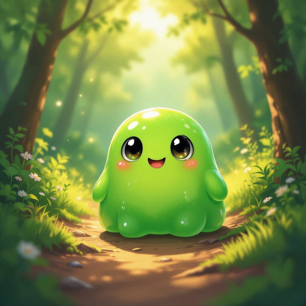 Vibrant Green Slime's Forest Adventure in Anime Style