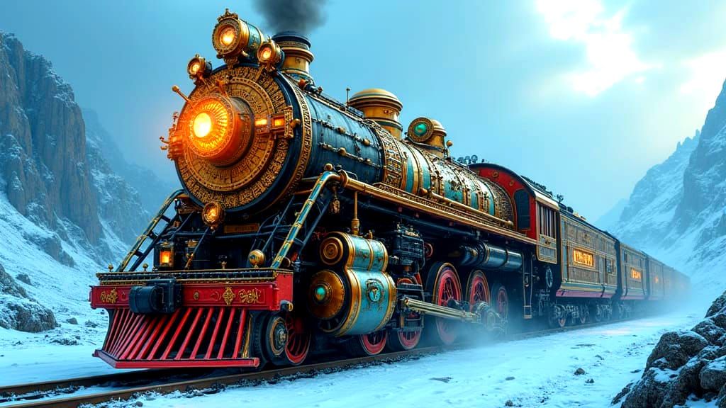 Aztec Steampunk Locomotive in Winter Mountains