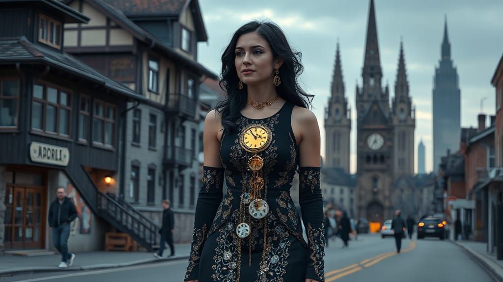 Woman in Detailed Dress in Time-Warp Cityscape