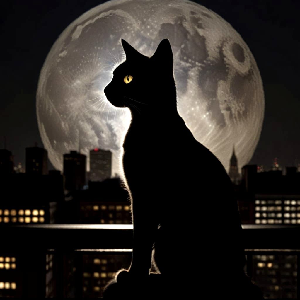 Elegant Black Cat Silhouette on Fire Escape at Night