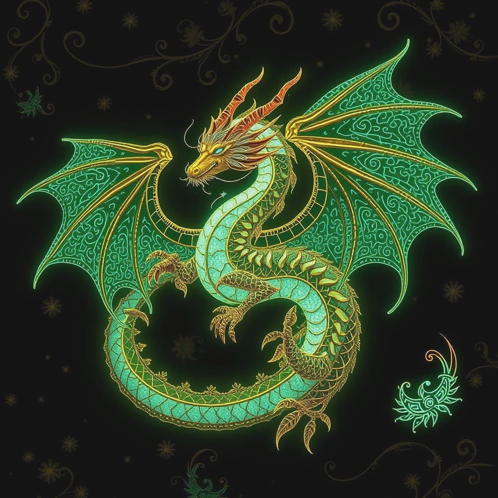 Bioluminescent Dragon with Brass Filigree Designs
