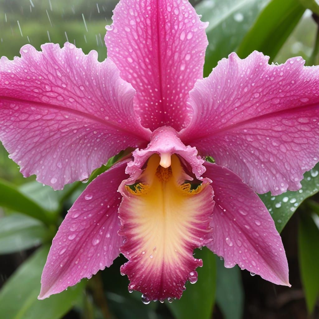 Vibrant Pink Cattleya Flower in Tropical Storm