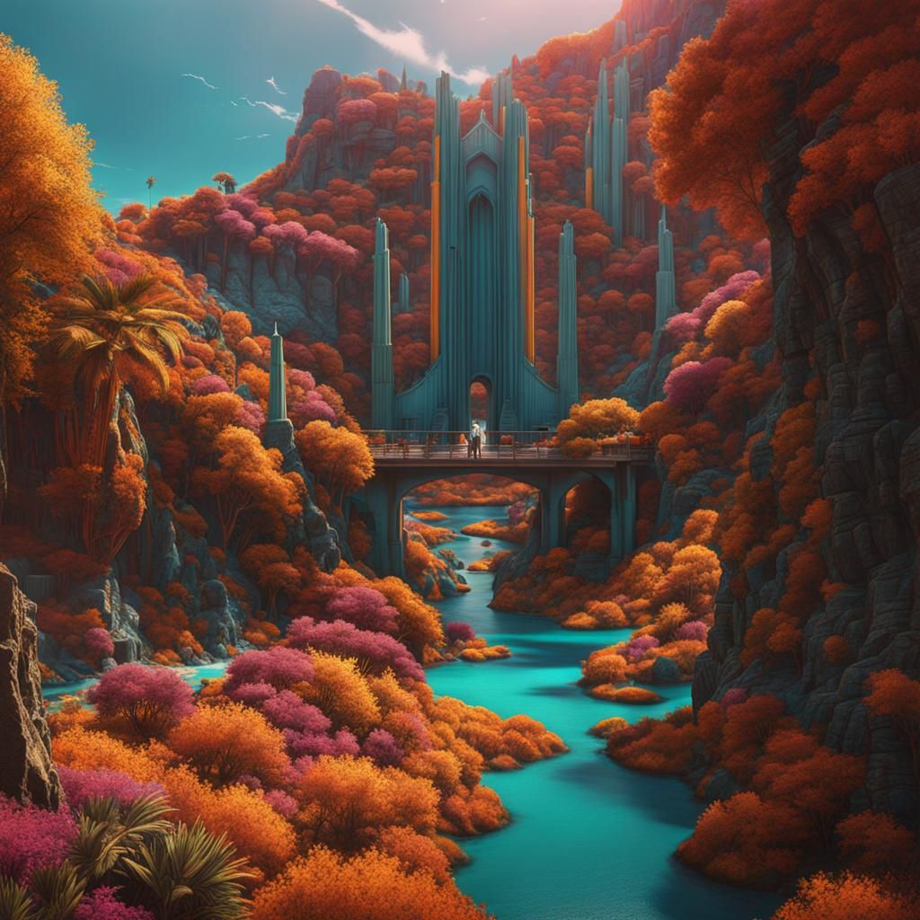 Aetherpunk Matte Painting in Split-Complementary Colors