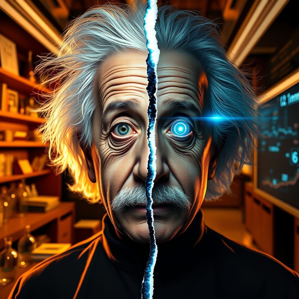 A hyper-realistic portrait of Albert Einstein, styled as if ...