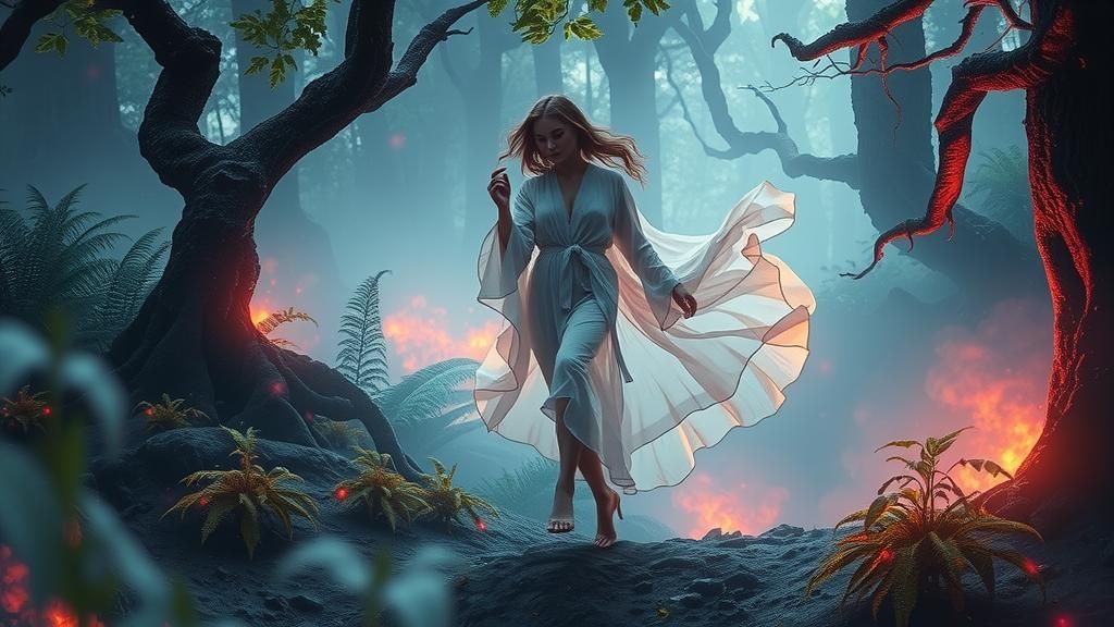 Woman in Ethereal Forest, in Abstract Expressionist Style