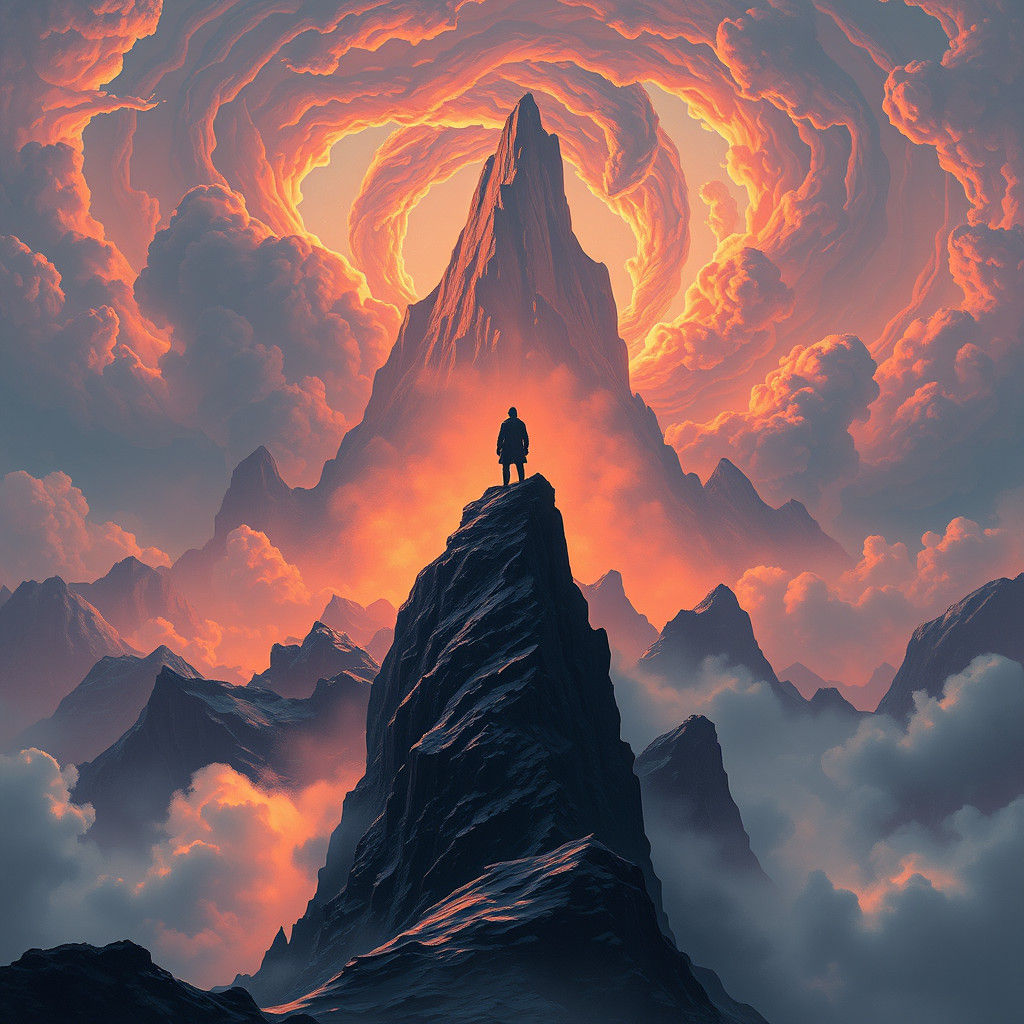 Mystical Figure on Glowing Mountain in Dreamlike Landscape