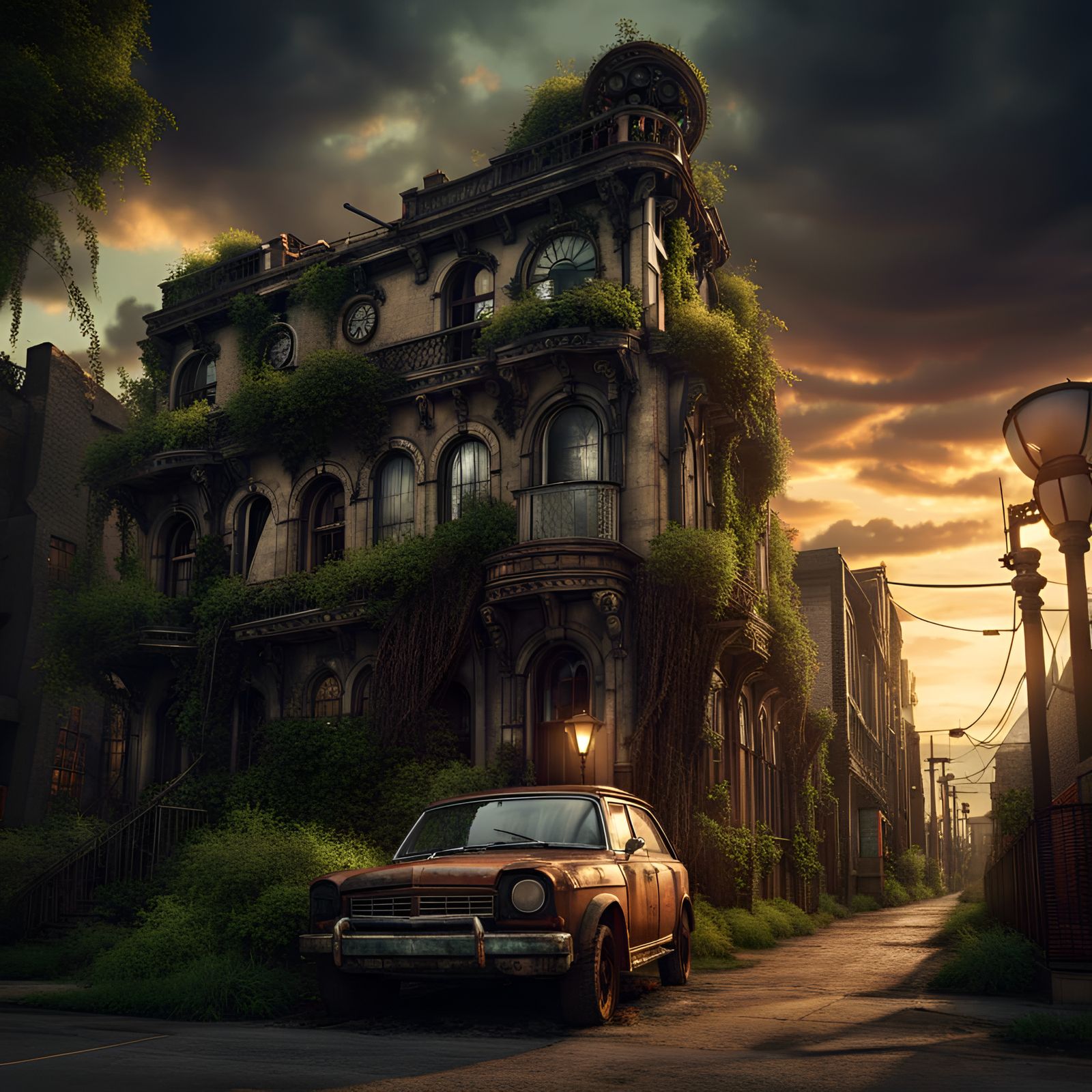 Overgrown Steampunk Street Scene at Sunset