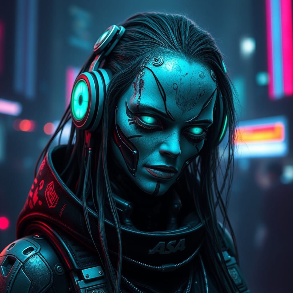 Cyberpunk Cybernetic Zombie Woman in Future City