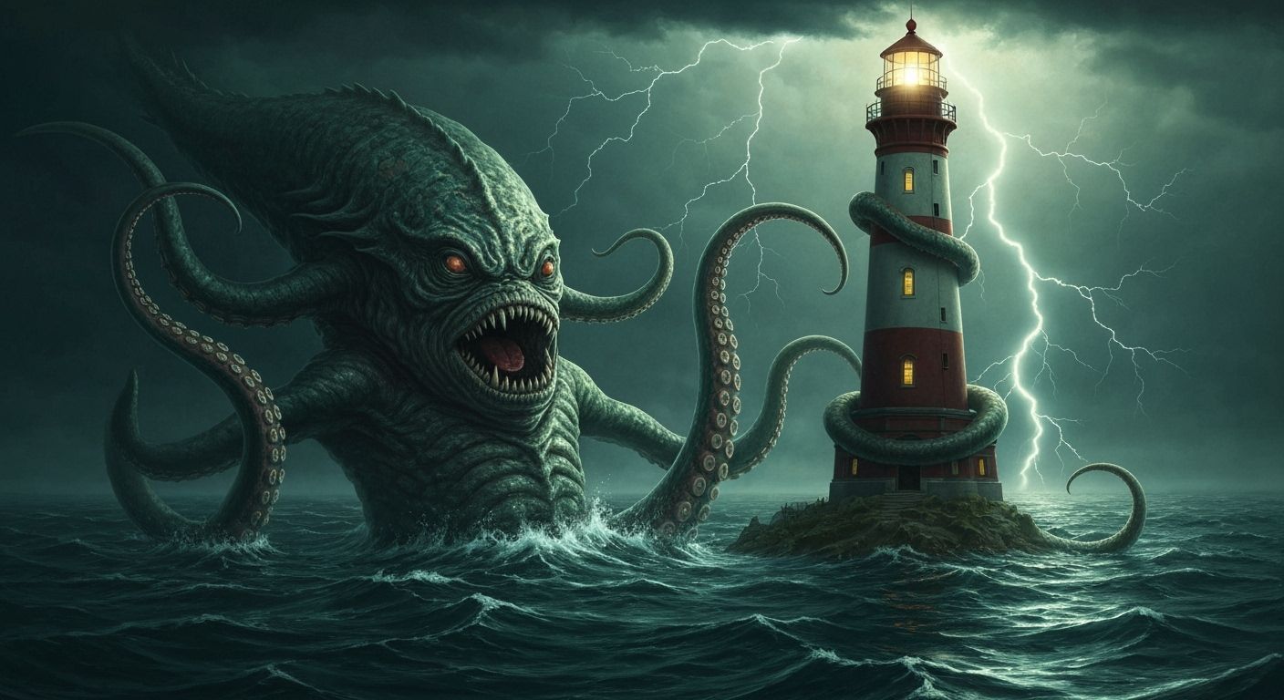 Kraken Attacks Lighthouse in Fantasy Oil Painting Style