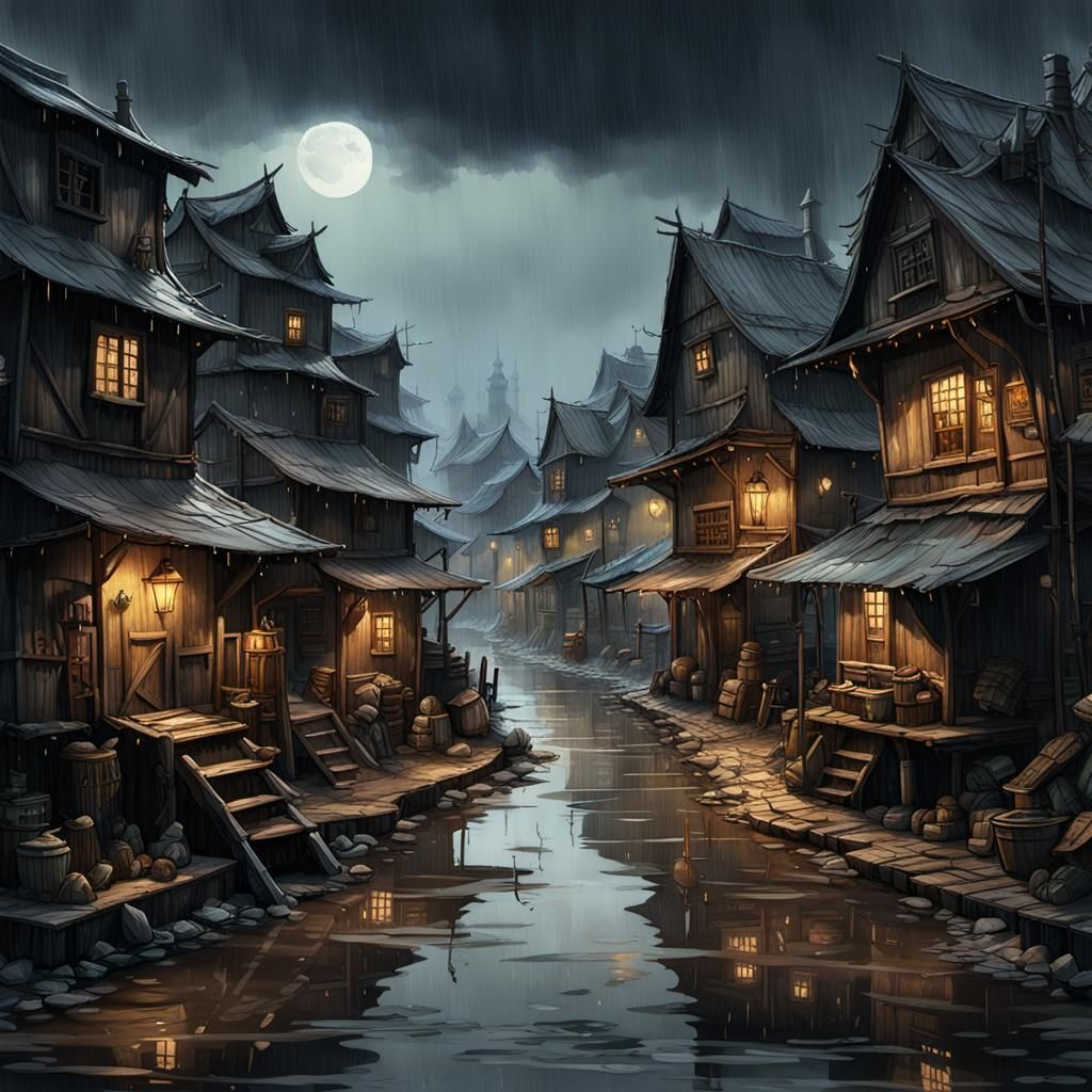 Dark Fantasy Shantytown in Watercolor Style