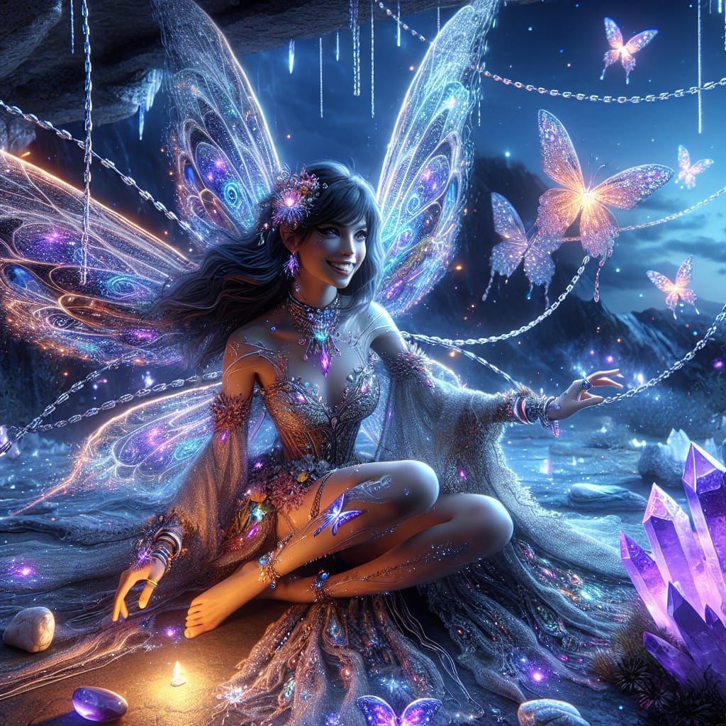 Joyous Fairy in Amethyst Cave, Digital Art
