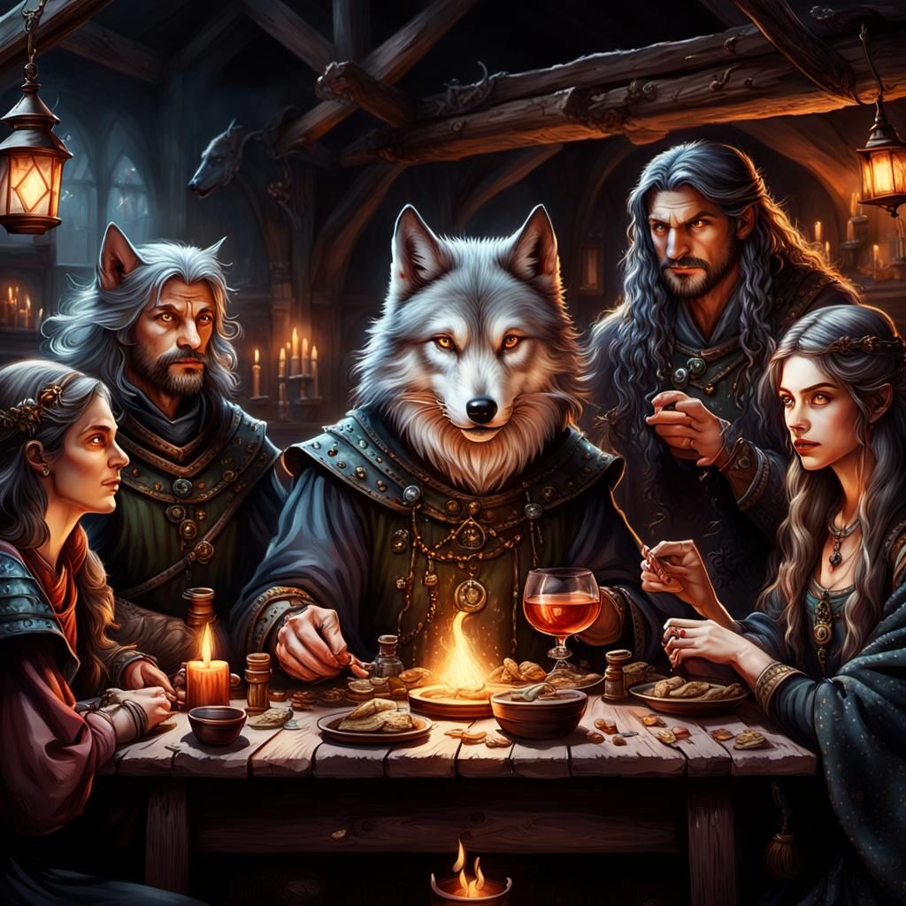 Fantasy Tavern Scene: Wolf Shifters, Witches, and Wizard