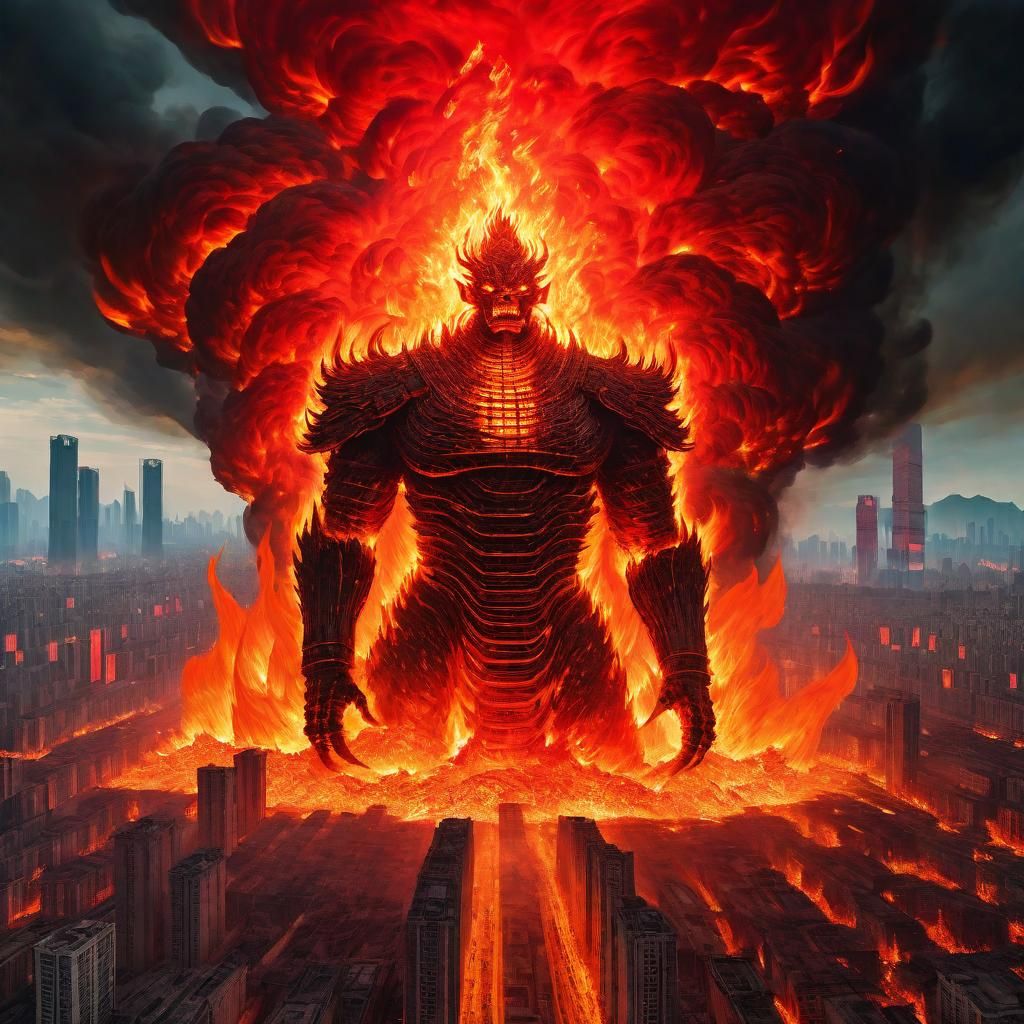 Fiery Colossus Towers Over City: Cinematic Digital Art