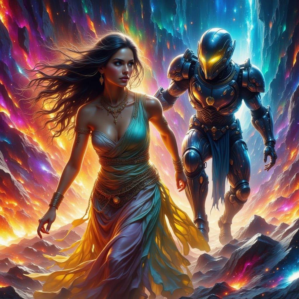 Rainbow Speed Lines Show Woman Running from Armored Man