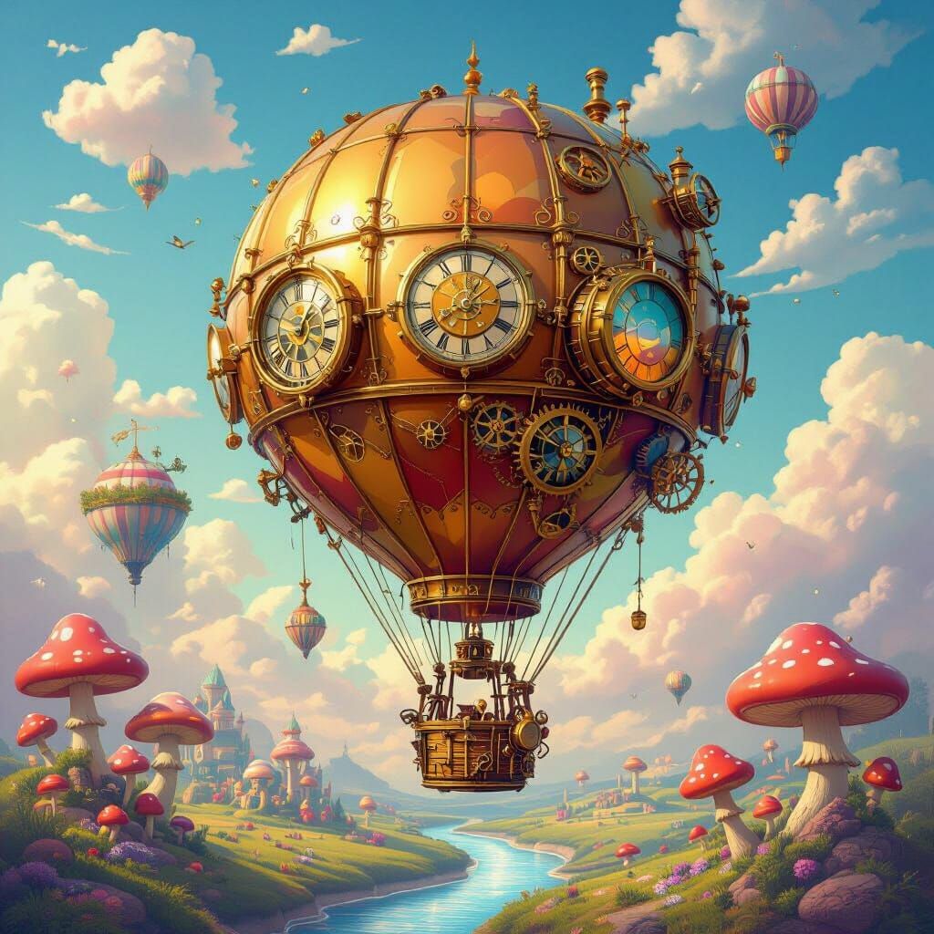 Steampunk Hot Air Balloon Over Floating Islands