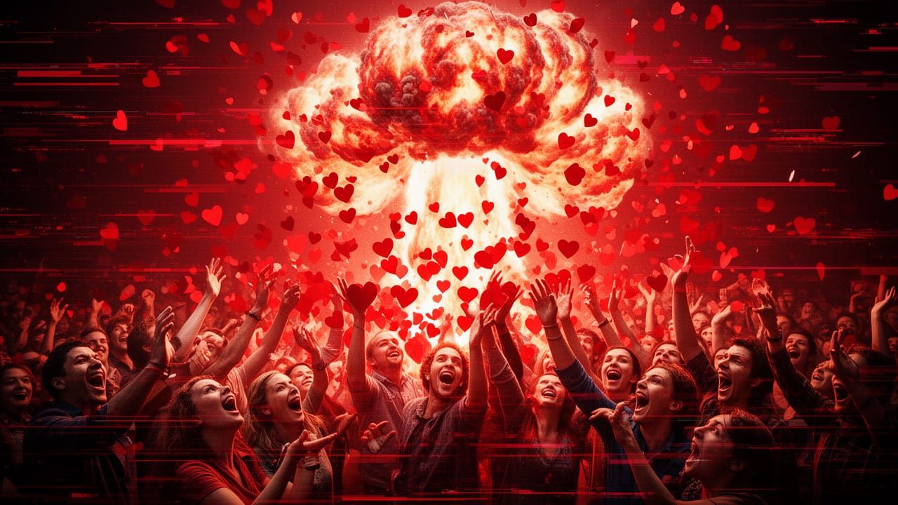 Explosive Joy: Paper Hearts Shower Cheering Crowd
