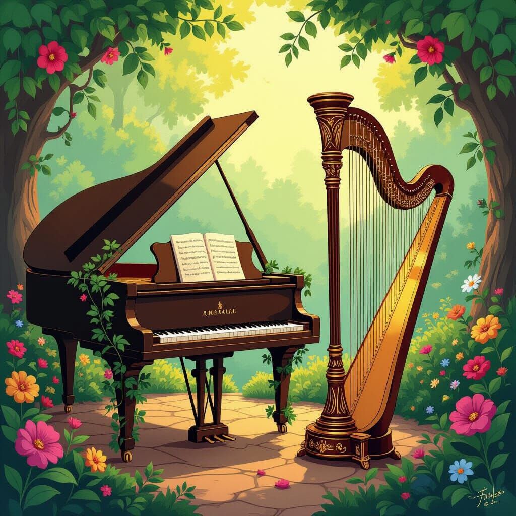 Enchanted Musical Garden: Surreal Fairytale Illustration