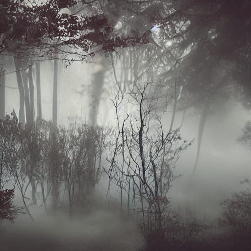 Ethereal Forest Spirit Emerge from Fog in Rose Garden