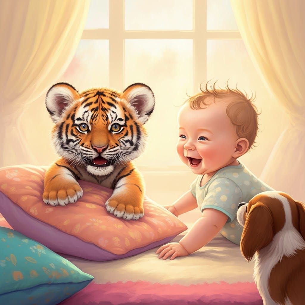 Tiger Cub Surprises Baby in Whimsical Nursery