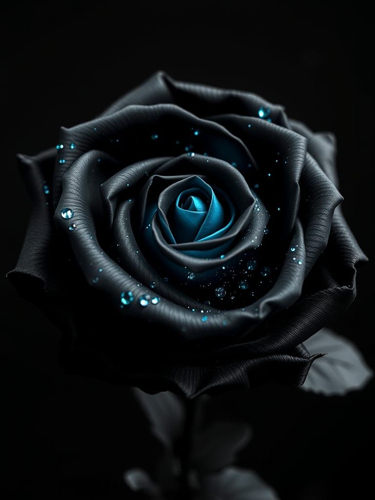 Monochrome Black Satin Rose with Cyan Fractal Trim