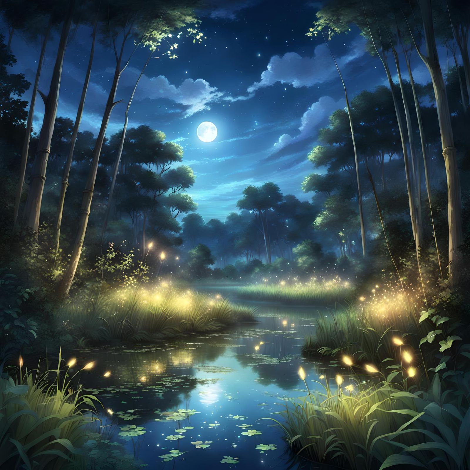 Moonlit Forest Glade with Fireflies in Anime Style