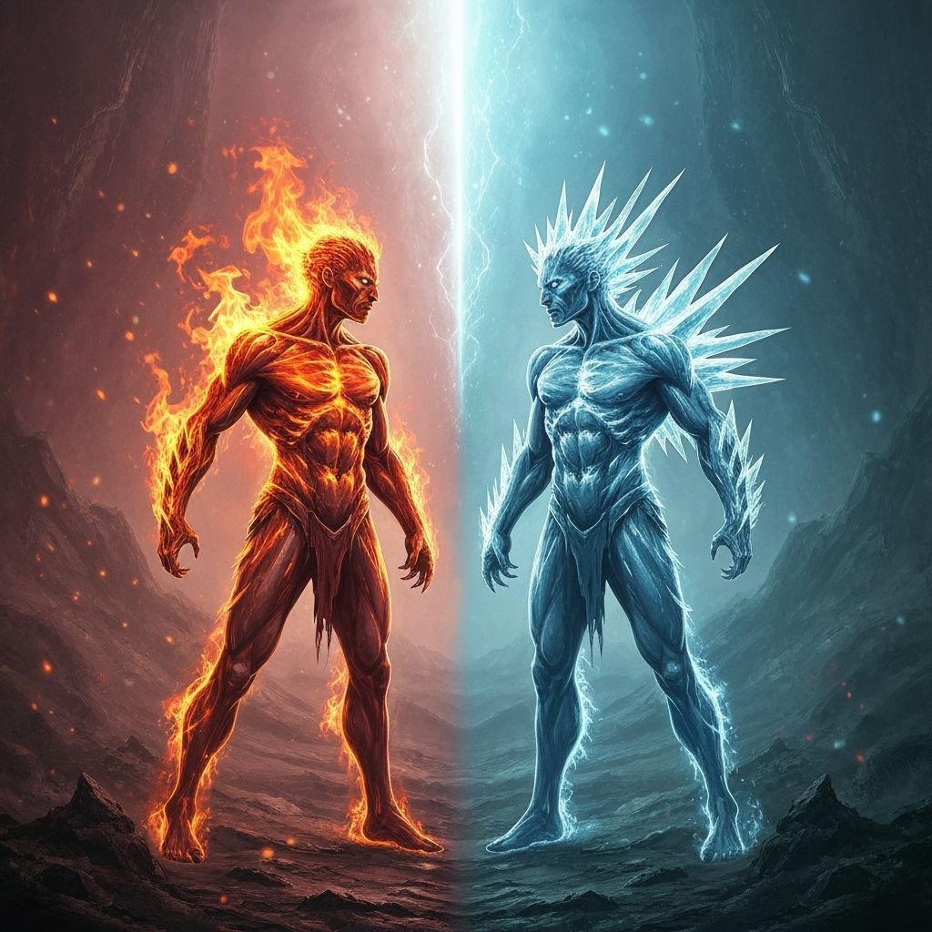 Fire and Ice Elementals Clash in Mystical Landscape