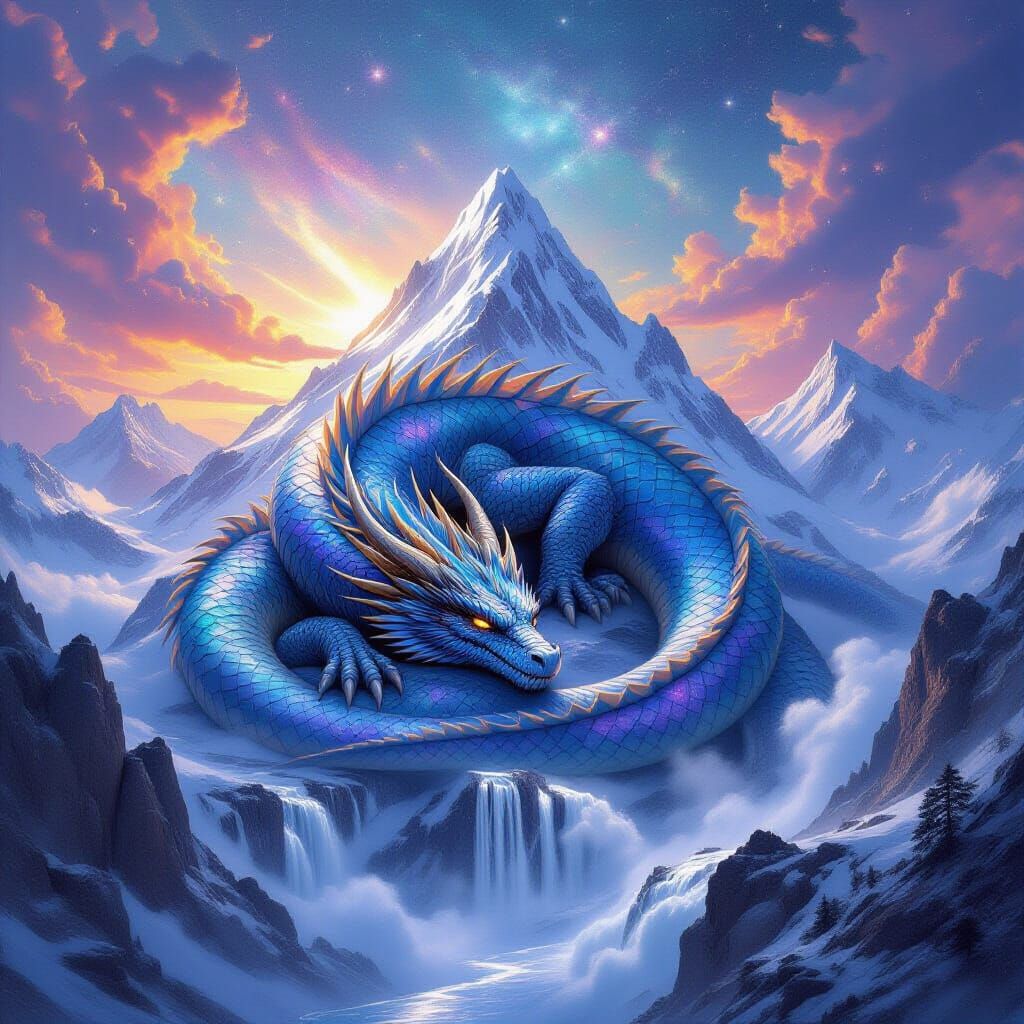 Ancient Dragon Sleeps on Cosmic Mountain Peak