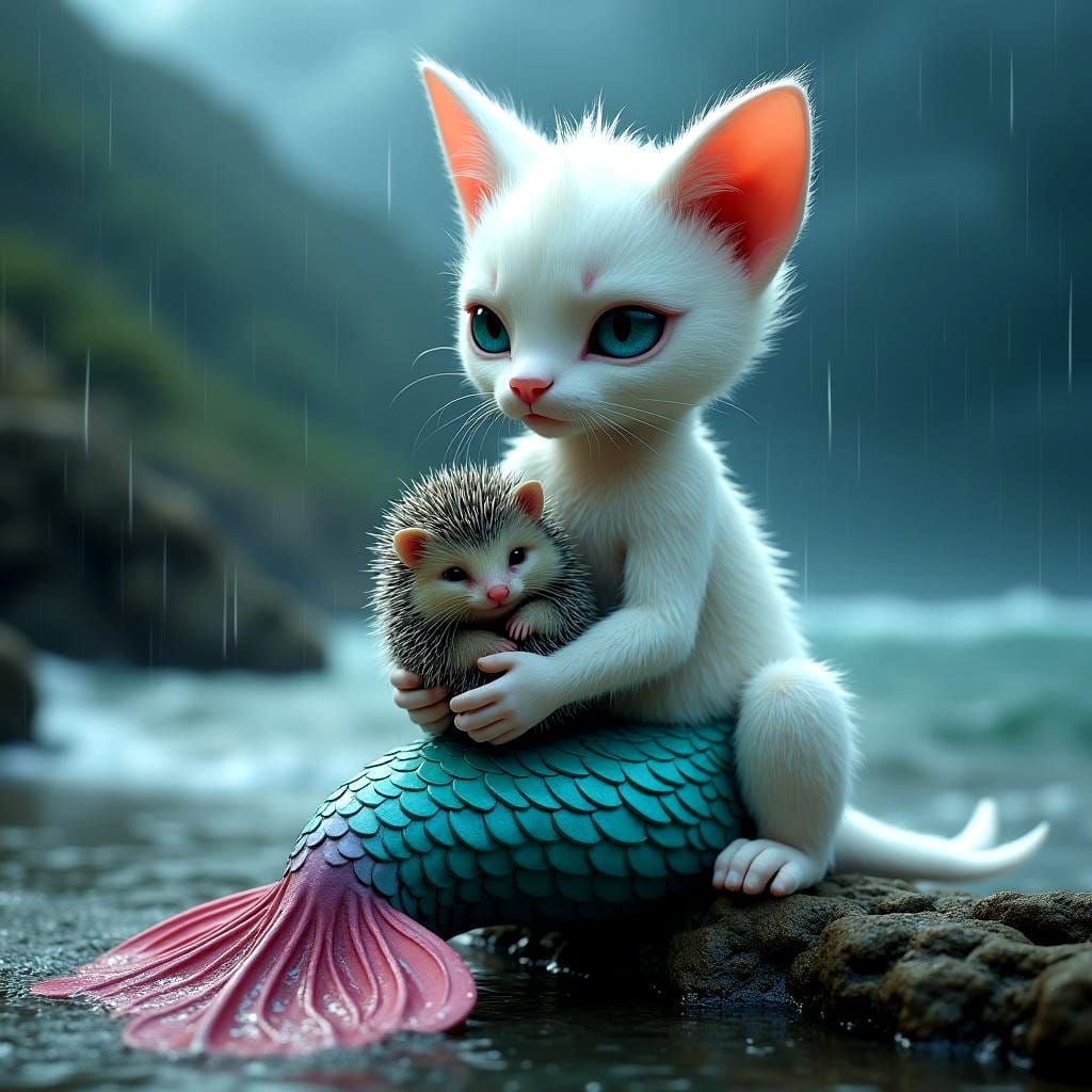 Whimsical Cat Mermaid with Hedgehog, Detailed Matte Painting