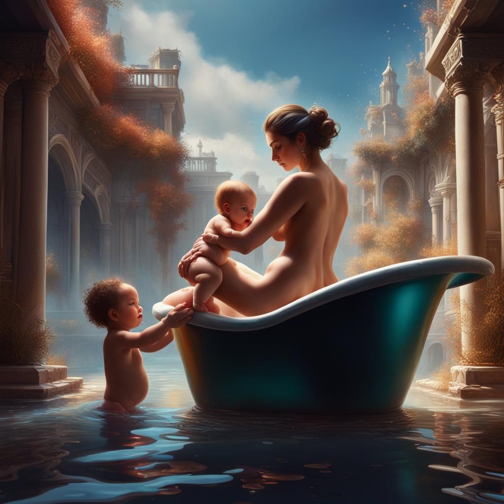 Mother and Child Bathing: Painted Fantasy