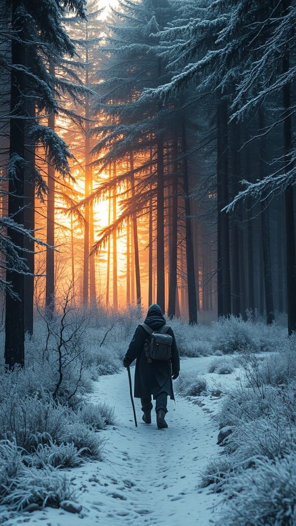 Lone Traveler Walks Through Frosty Forest Illuminated by Hop...