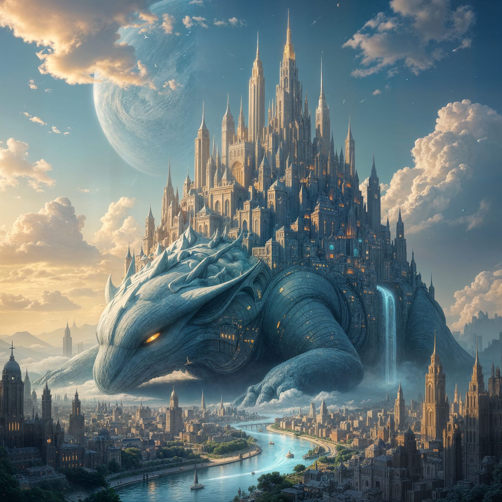 Celestial City on Giant Creature with Impossible Architectur...