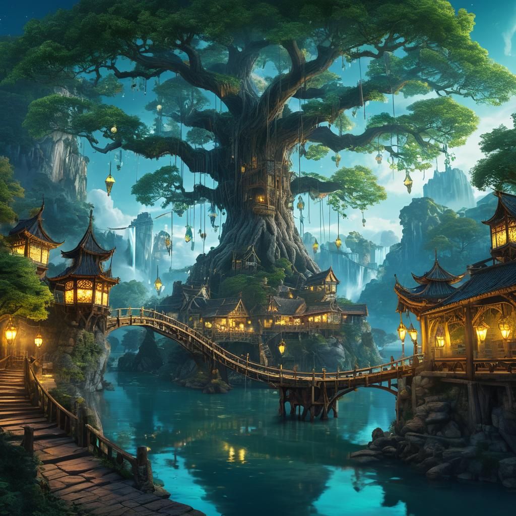 Majestic Ancient Tree with Medieval Buildings in Fantasy Lan...