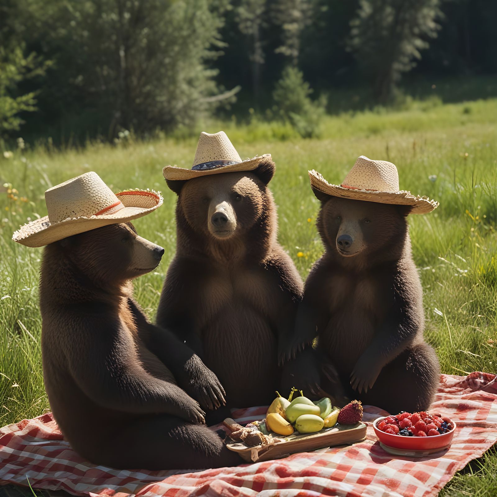 Bears in Sombreros Picnic in Sunny Meadow