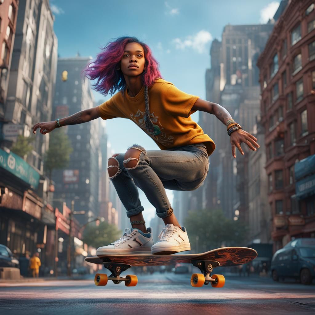 Transgender Girl on Skateboard: Detailed Matte Painting