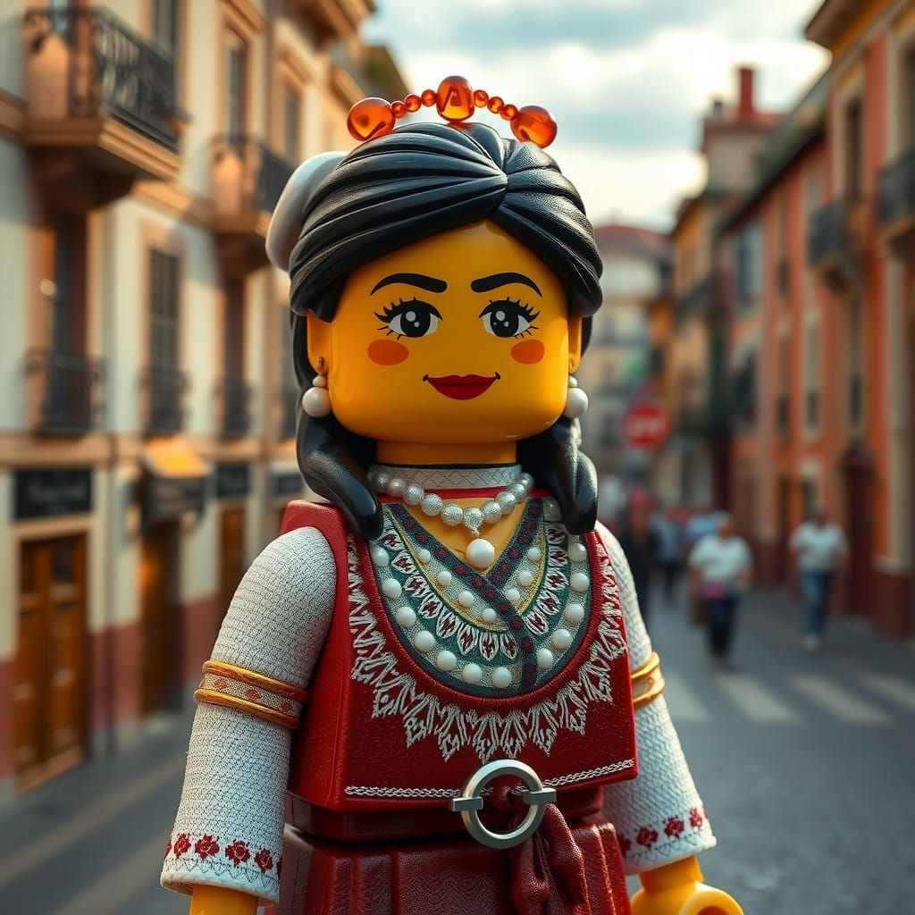 Spanish Woman Lego Minifigure with Madrid Backdrop