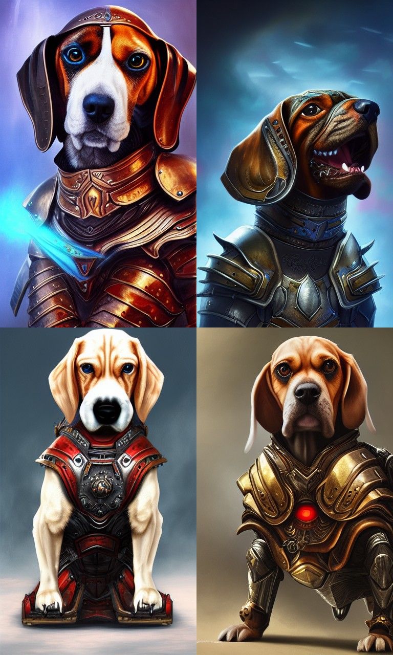Armored Beagle Dog with Digital Eyes, Detailed Painting