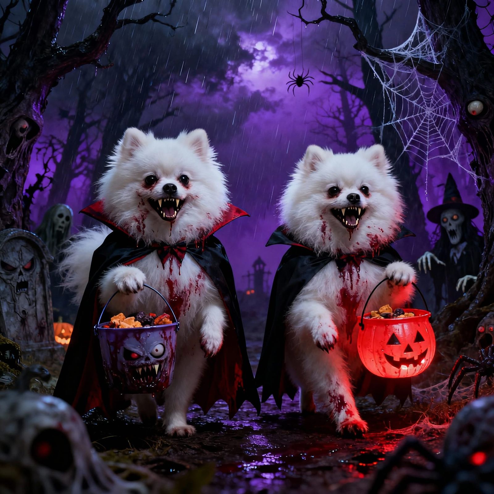 Vampire Pomeranians Trick-or-Treat in Haunted Woods