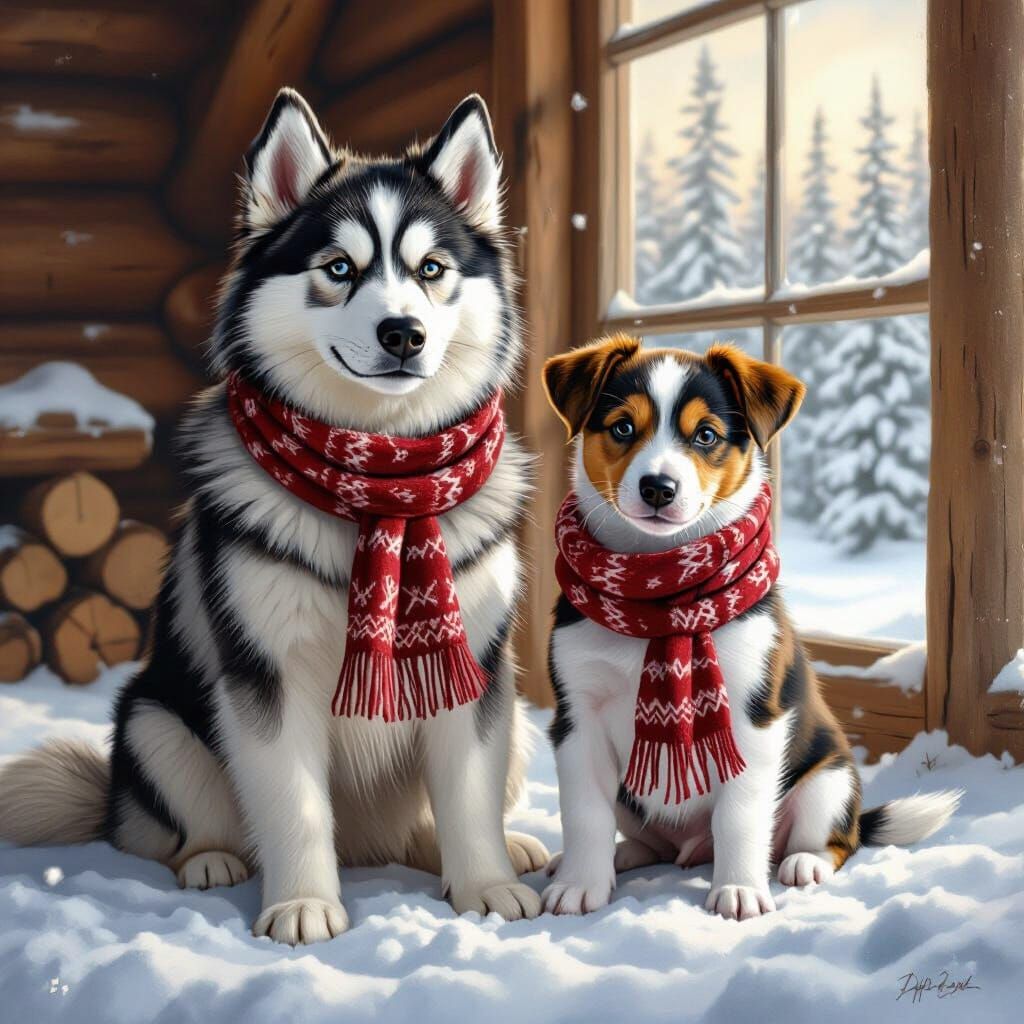 Malamute and Jack Russell Puppies in Winter Cabin