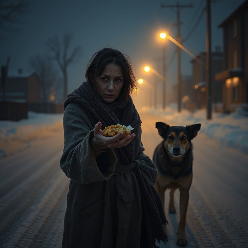 Woman Shares Food with Stray Dog on Snowy Street