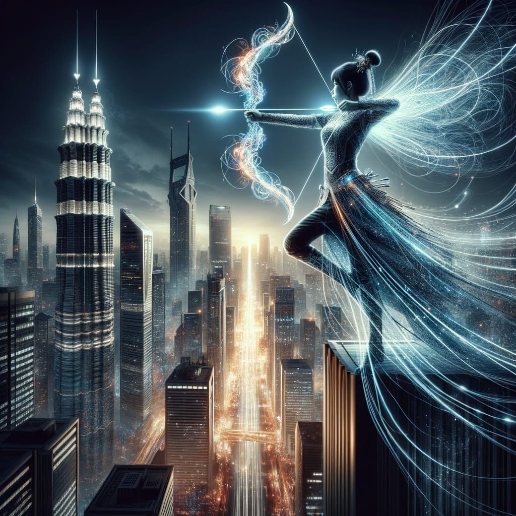 Cyberpunk Archer Releases Energy Arrows Over City