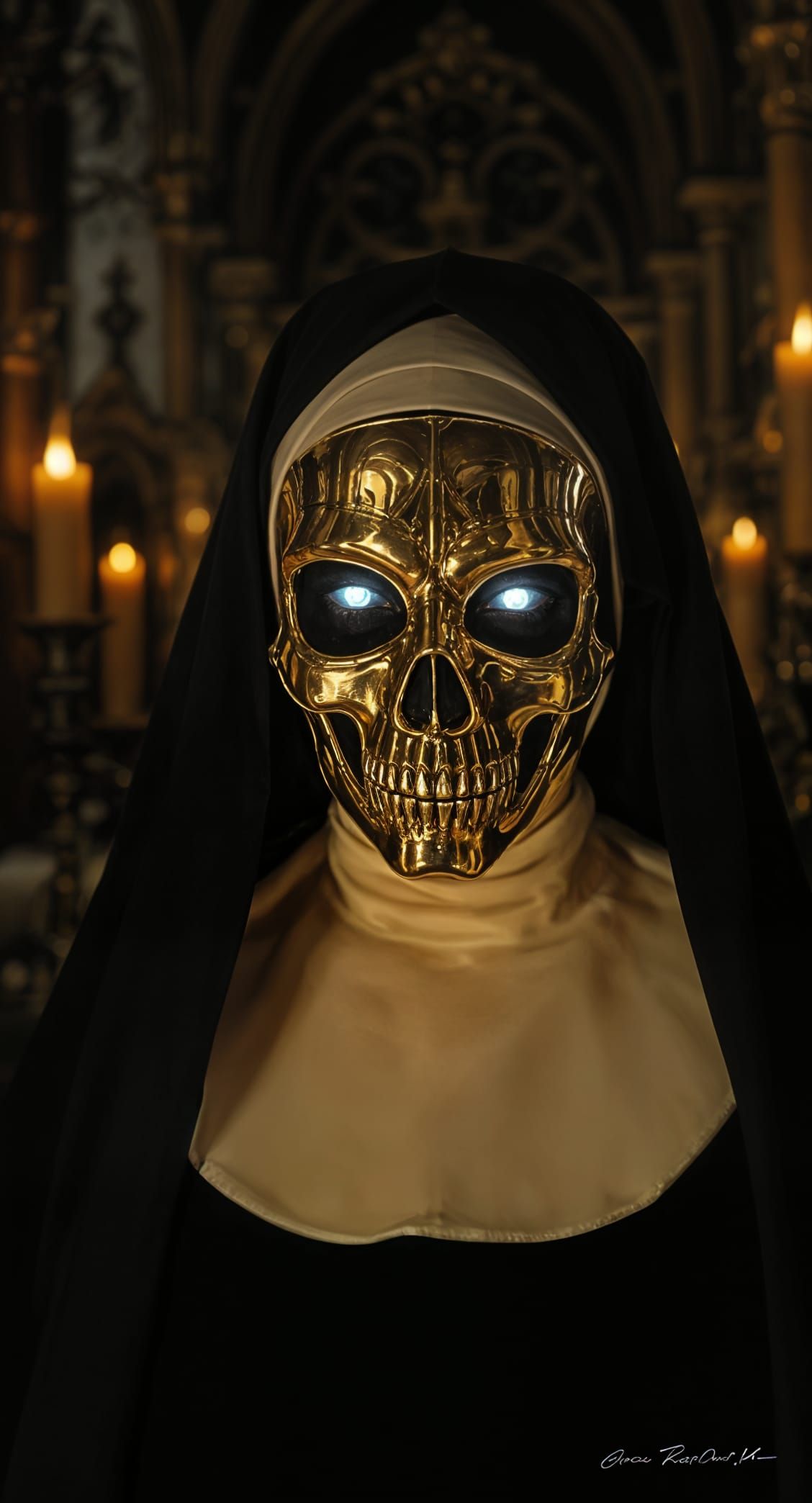 Gothic Nun With Skull Mask in Candlelit Cathedral