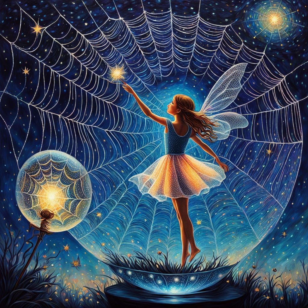 Fairy Collecting Stars in Spiderweb Art