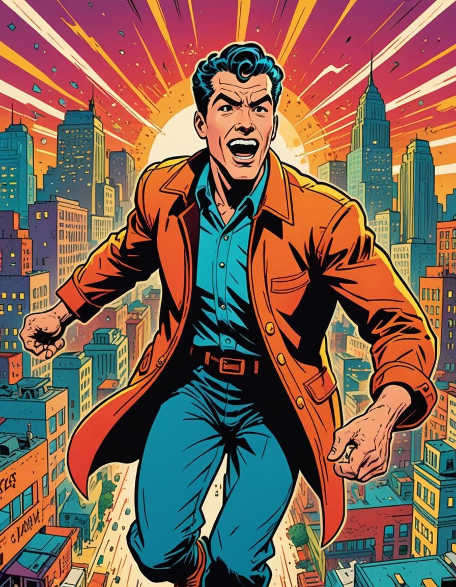 Retro Comic Book Fan in Pulp Cityscape