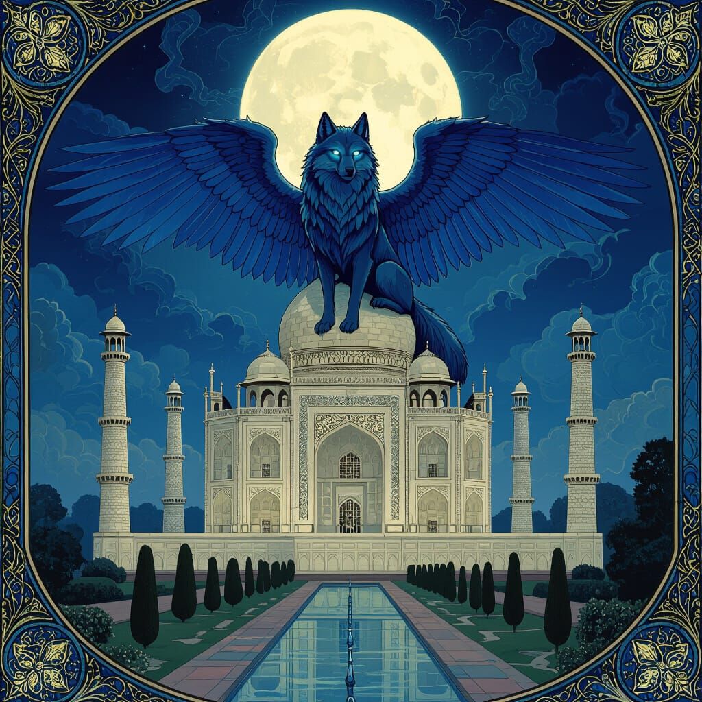 Winged Sapphire Wolf Perched Atop the Taj Mahal