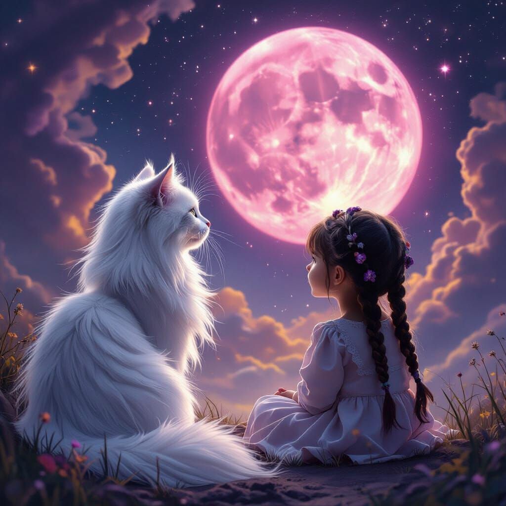 Girl and Cat Admire Pink Supermoon in Cosmic Dust