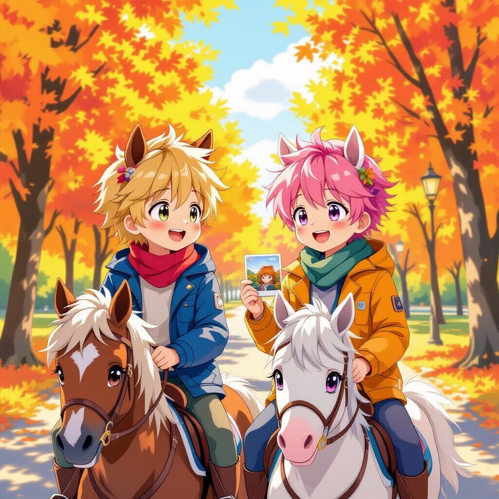 Anime Boys with Horse Ears Ride Horses in Sunny Autumn Park