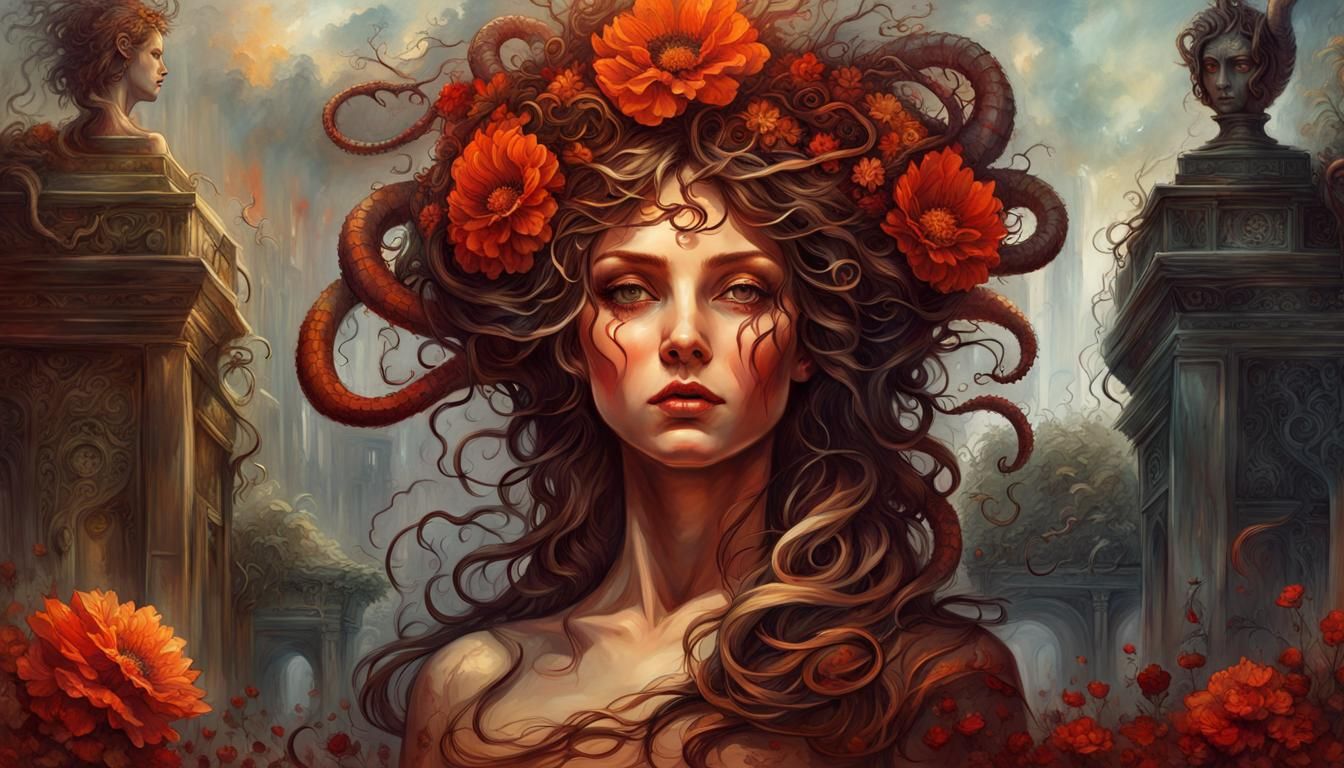 Ornate Medusa in Fantasy Garden with Stone Statues